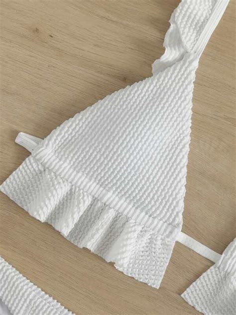 Textured Bikini Set Ruffle Trim Triangle Bra High Cut Bottom 2 Piece