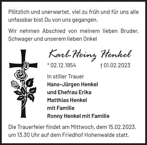 Traueranzeigen Von Karl Heinz Henkel M Rkische Onlinezeitung Trauerportal