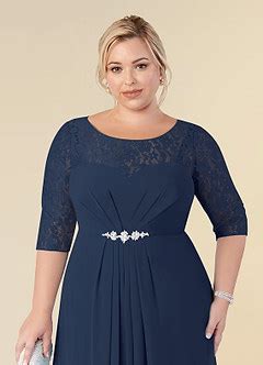 Azazie Leonine Dark Navy A Line Scoop Lace Chiffon Dress Azazie