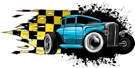 Ilustração de carro hot rod bandeira de corrida Vetor Premium