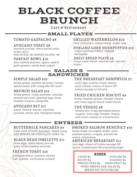 Brunch Menu Black Coffee