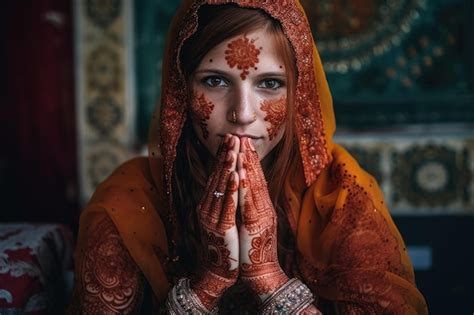 Premium Ai Image Portrait Of A Woman With Henna On Her Hands Created