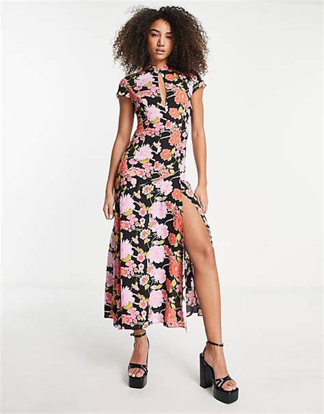 Asos Design Keyhole Front Midi Tea Dress In Multi Floral Print Asos