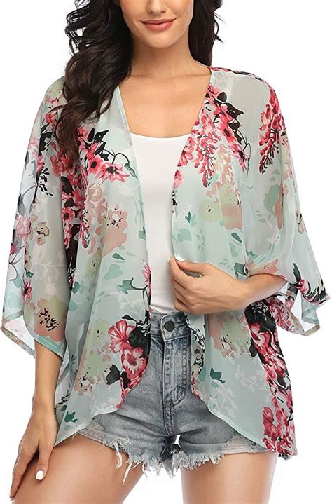 Women S Floral Print Kimonos Loose Tops Half Sleeve Shawl Chiffon