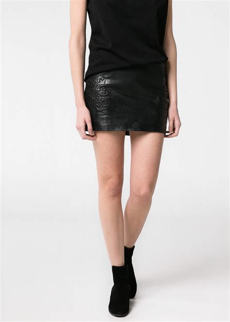 Lyst Mango Embroidered Leather Skirt In Black