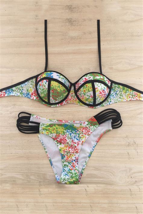 Off Spaghetti Strap Printed Cutout Bikini Set In Colormix