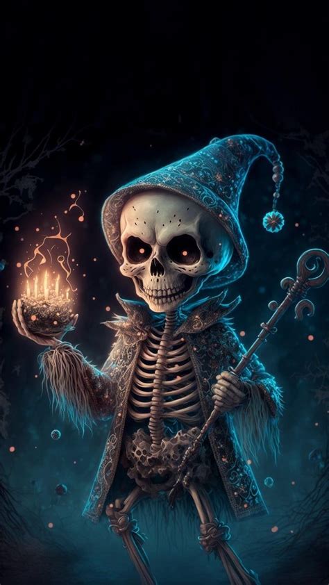 A Skeleton Holding A Lit Candle In Its Hand And Wearing A Hat With