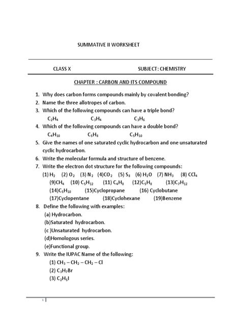 Class 10 Chemistry Worksheet On Chapter 4 Carbon And Its Compounds