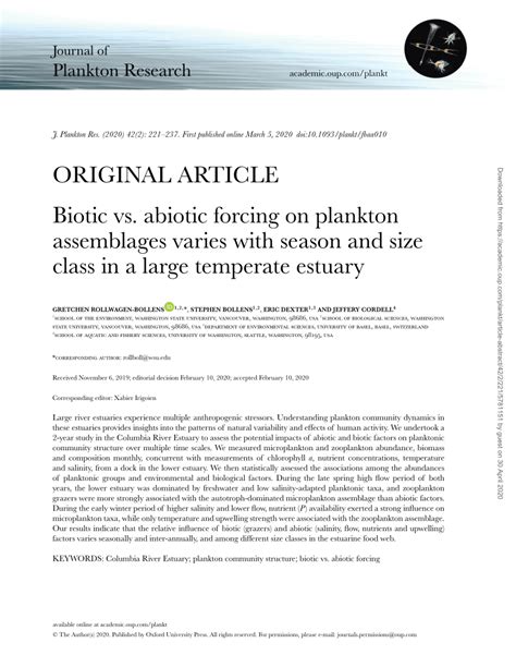 PDF Biotic Vs Abiotic Forcing On Plankton Assemblages Varies With