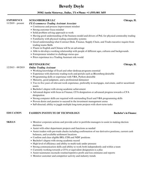 Trading Assistant Resume Samples Velvet Jobs