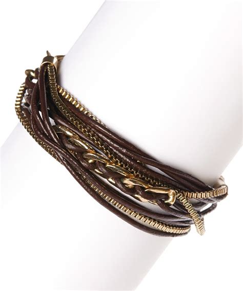 Goldtone And Brown Multi Strand Leather Bracelet