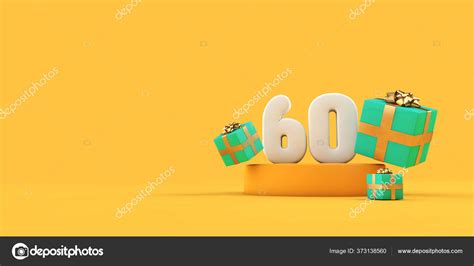 Happy 60th birthday number and gifts on a yellow podium. 3D Render ...