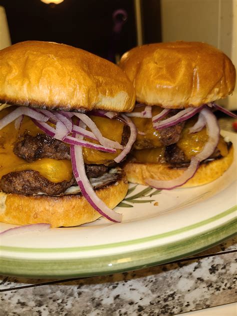 Homemade Double Cheeseburgers With Raw Onions R Food