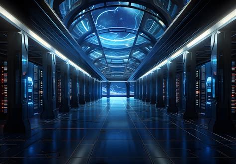 Premium Ai Image Futuristic Server Room Interior With Blue Glowing Lights