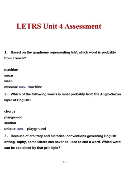 Letrs Unit Assessment Questions And Answers Verified