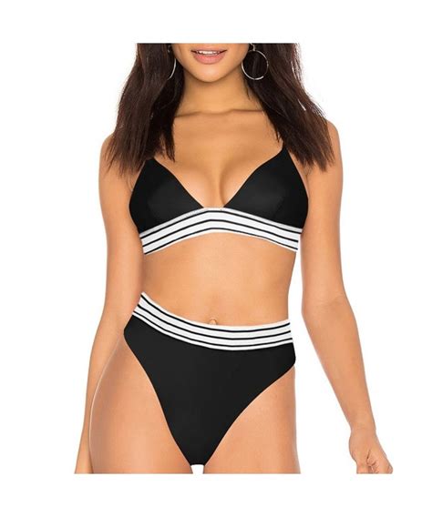 Sporty Bikini Sets Triangle Top High Rise Bottoms With Wide Striped Band Black CK L Y