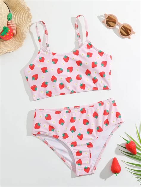Conjunto de bikini con estampado de fresa para niña preadolescente ideal para verano y playa