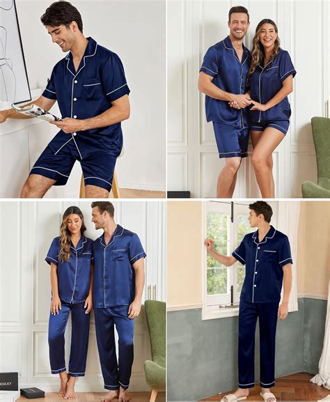 Swomog Mens Pcs Pajamas Set Silk Satin Short Sleeve Sleepwear Button