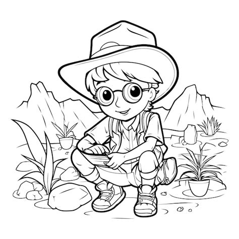 Dibujo Para Colorear De Un Ni O Regando Las Plantas Vector Premium