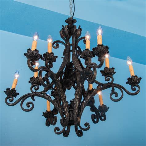 Antique 12 Light Scrolled Black Iron Chandelier