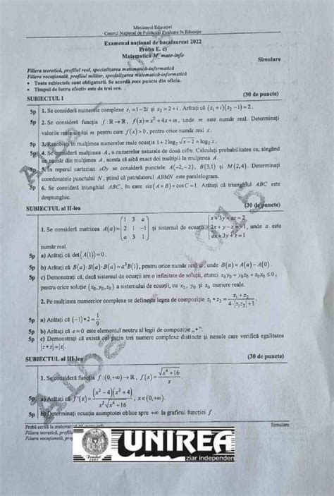 EDU RO Subiecte și barem de corectare simulare matematică BACALAUREAT