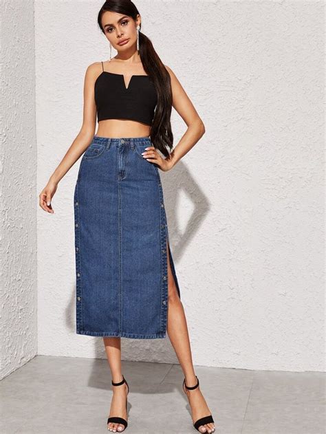 Shein Press Button Side Straight Denim Skirt Denim Skirt Women Denim