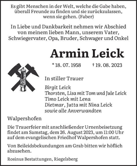 Traueranzeigen Von Armin Leick Saarbruecker Zeitung Trauer De