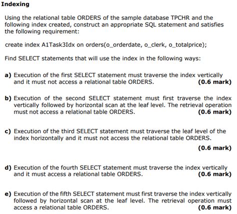 Solved Indexing Using the relational table ORDERS of the | Chegg.com 