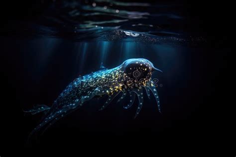 Deep Sea Creature Swimming Through Bioluminescent Seascape Its