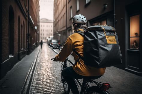 Premium Ai Image A Delivery Rider With A Backpack Riding A Bicycle