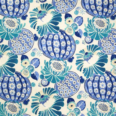 Azure Blue Floral Print Upholstery Fabric By The Yard