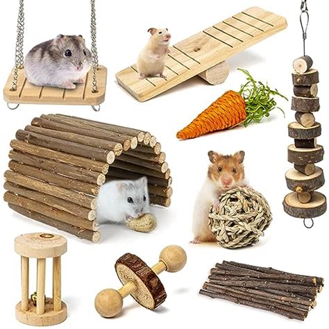 Sofier Lot de 11 jouets pour hamster en bois naturel Jouets à mâcher