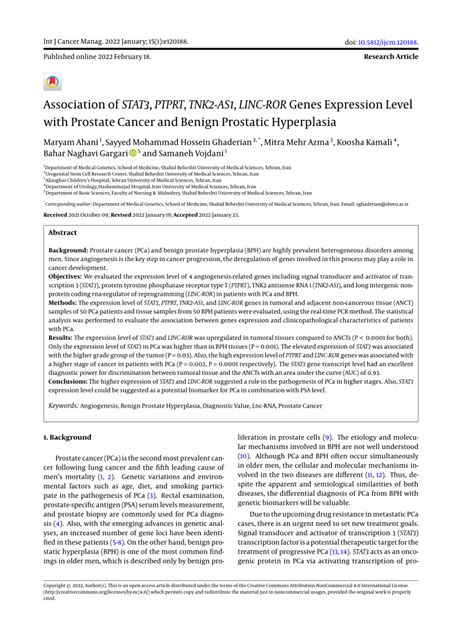 PDF Association Of STAT3 PTPRT TNK2 AS1 LINC ROR Genes Expression