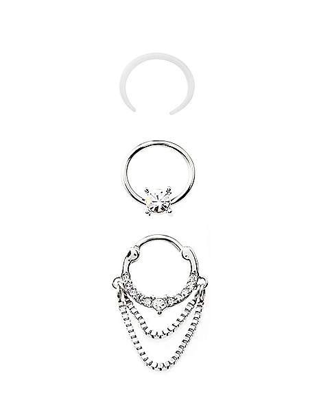 Multi Pack Cz Chain Clicker Captive And Retainer Septum Rings 3 Pack