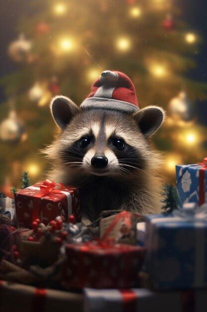 Premium AI Image A Funny Raccoon Sitting Under The Decorated