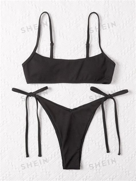 SHEIN Swim Basics Prążkowany Zestaw bikini Regulowany pasek Top na