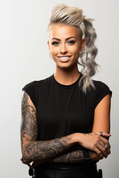 Premium Photo Portrait Of A Smiling Blonde Woman With Tattoos On Her Arms