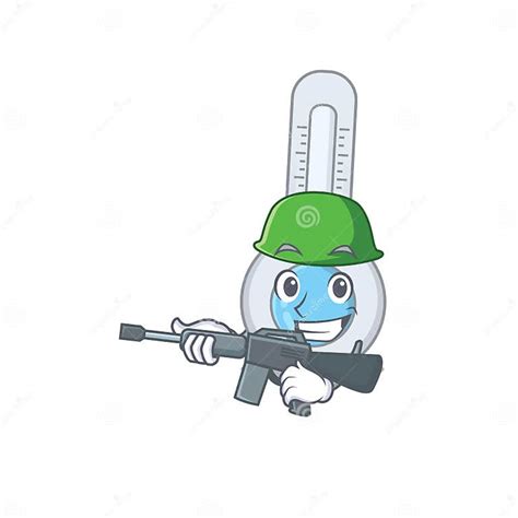 A Cartoon Picture Of Cold Thermometer In Army Style With Machine Gun