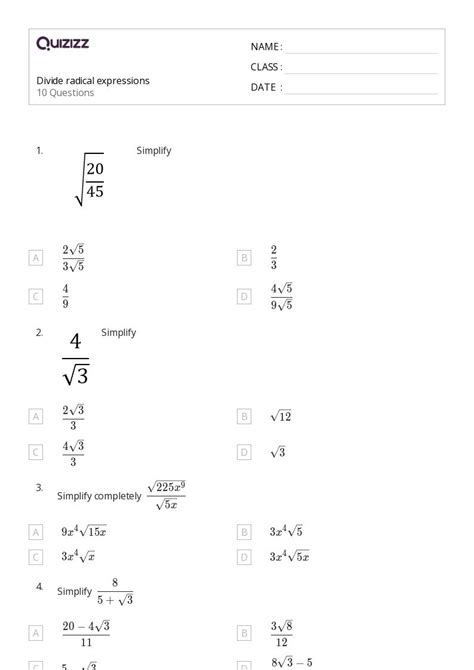 50 Radical Expressions Worksheets For 10th Year On Quizizz Free