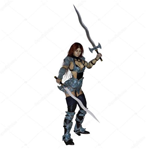 Brunette Warrior Dual Wielding Swords In Intimidating Pose ⬇ Stock