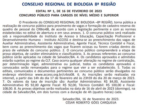 Concurso Crbio Tem Extrato De Edital Publicado Veja