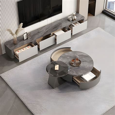 Modern Round Stone Coffee Table Set In Gray With Storage Drawers