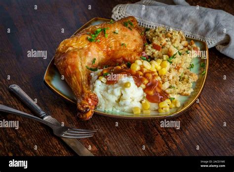 Traditional American Thanksgiving Dinner Plate With Crispy Baked Turkey