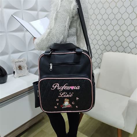 Bolsa Mochila Personalizada Professora Preto Shine Rosa Elo