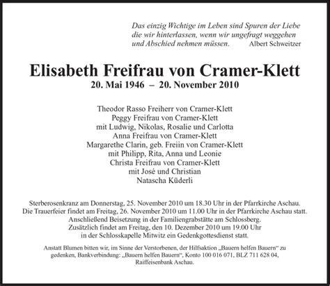 Traueranzeigen Von Elisabeth Freifrau Von Cramer Klett Sz Gedenken De