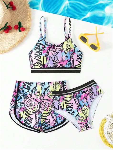 Conjunto de bikini tipo dividido con estampado de letras para niña preadolescente para playa de