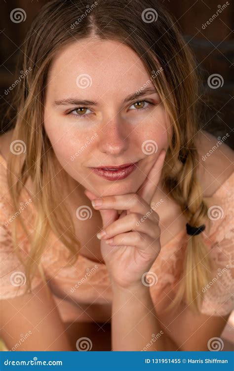 Brunette In Peach Stock Image Image Of Lovely Female