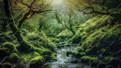 Premium Ai Image A Painting Of A Stream In The Forest With Moss