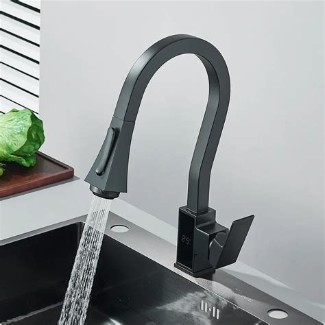 Black Kitchen Sink Faucet With Digital Display Pull Out Sprayer Four Stream Modes Hot Cold