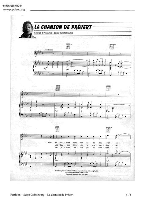 Serge Gainsbourg La Chanson De Pr Vert Sheet Music Pdf Free Score